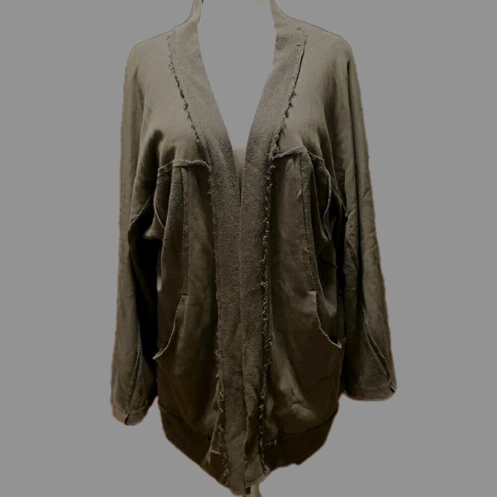 POL L Open Fleece Cardigan Jacket Green Raw Hem Pockets Comfort Boho‎ Lagenlook